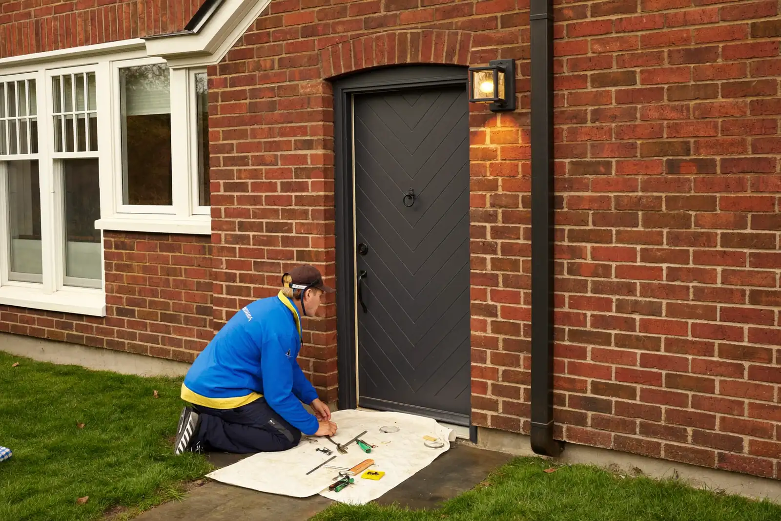 Installer fitting an anthracite composite front door at a red-brick semi-detached house