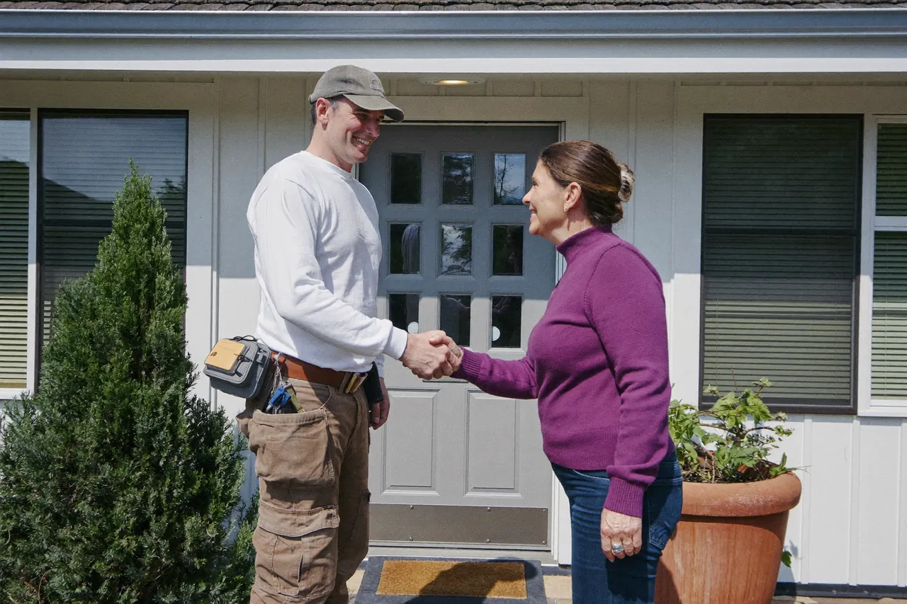 Homeowner and installer at a new composite front door after fitting on a suburban semi