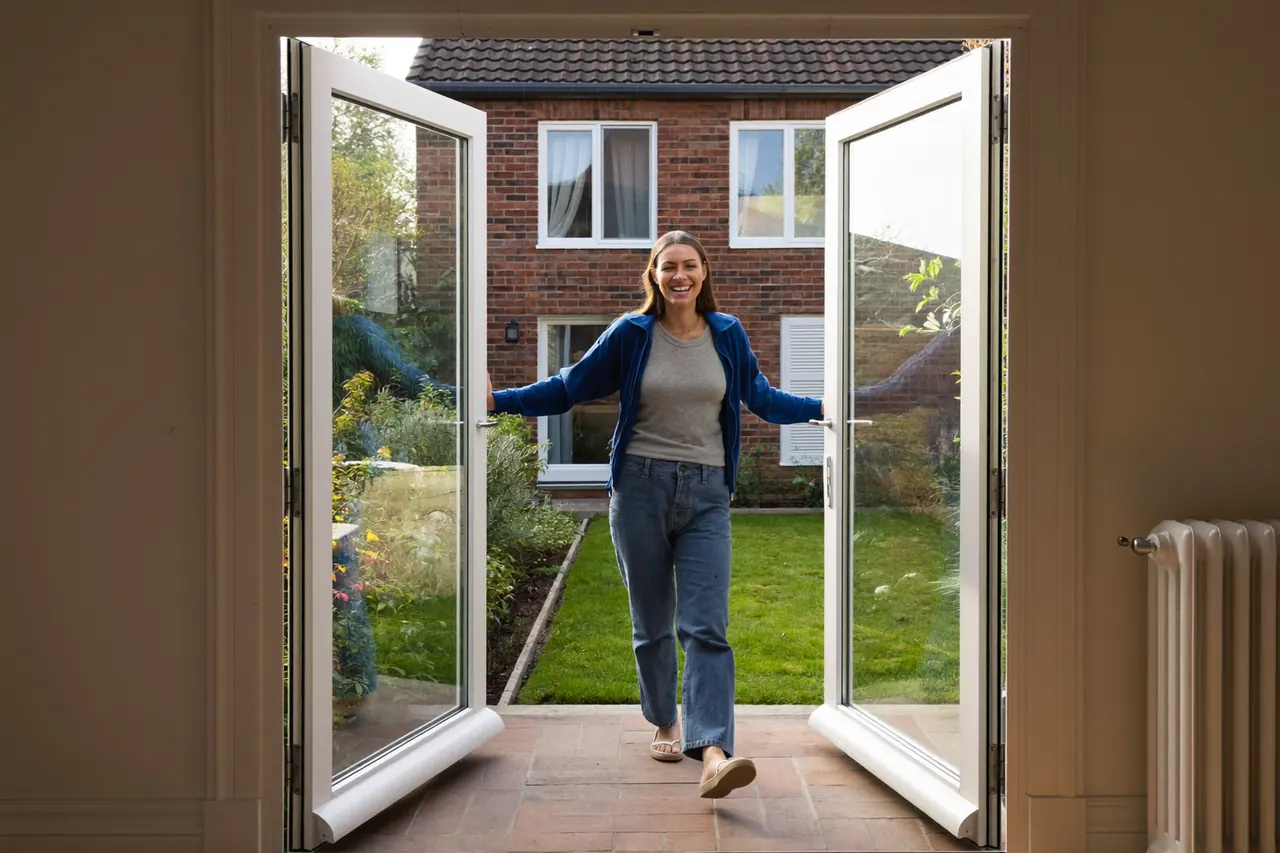 Homeowner opening new white French doors onto a paved garden patio