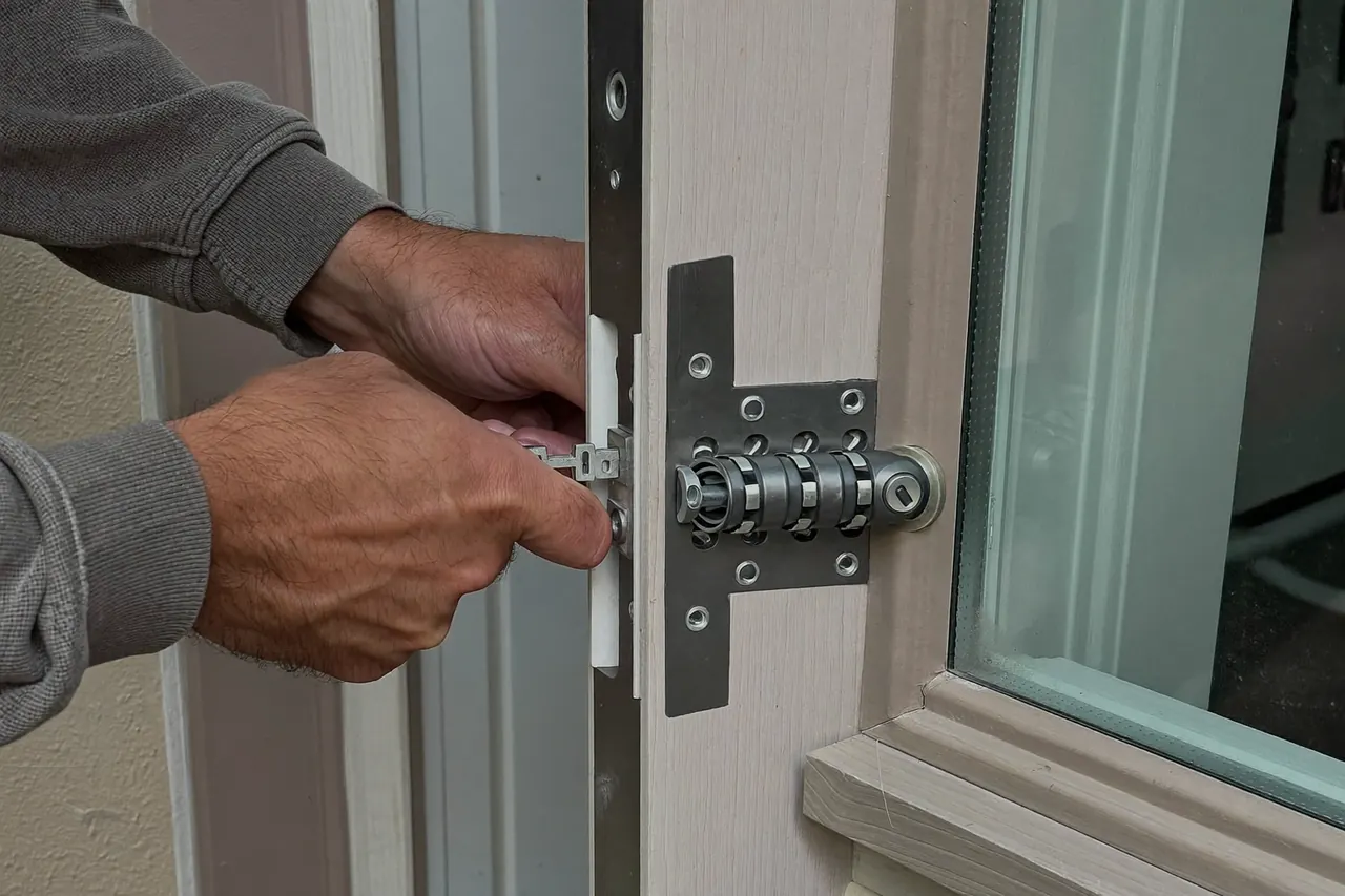 Installer fitting a multi-point locking mechanism into the edge of a new front door leaf