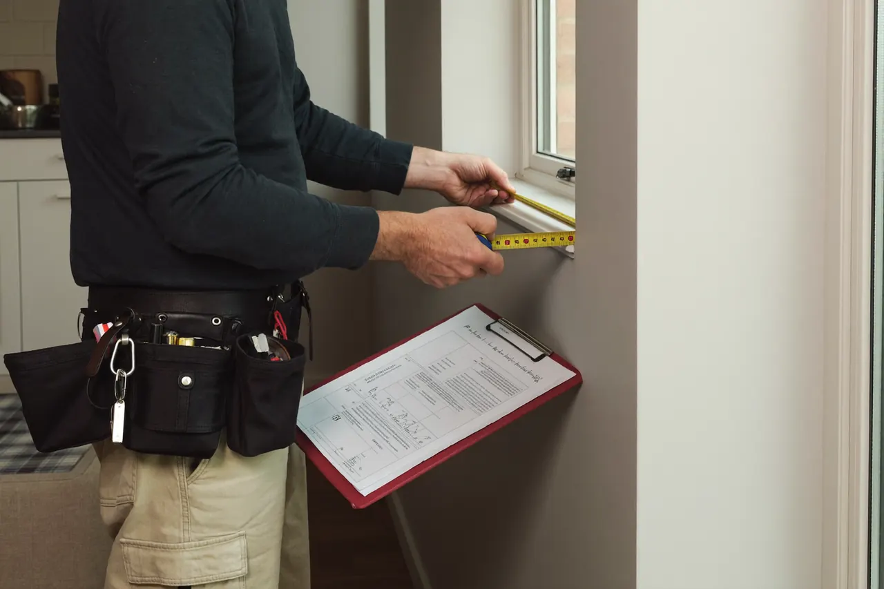Installer measuring a window opening with a tape during a home survey on a bay-fronted house