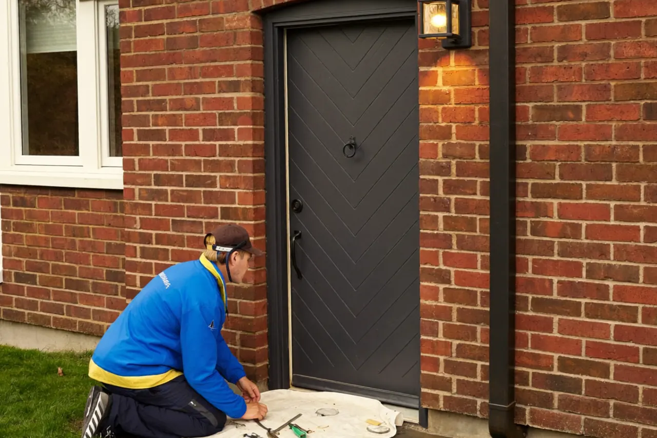 Secure grey composite front door with a multi-point lock and reinforced frame on a brick house